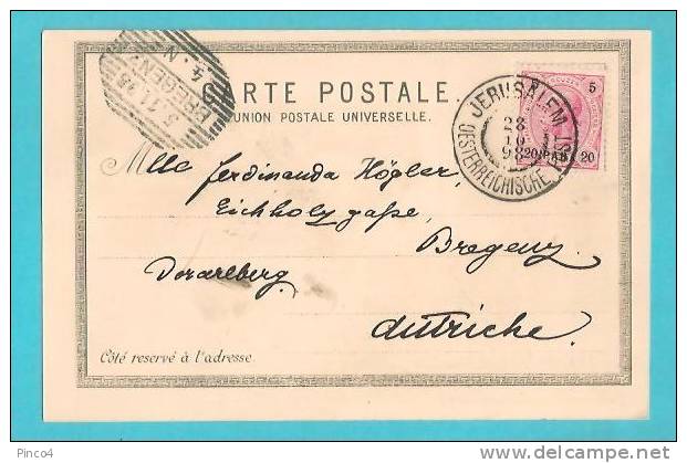 STORIA POSTALE AUSTRIA UFFICI POSTALI NEL LEVANTE 20 PARA SU CARTOLINA DA JERUSALEMME A BREGENZ VIAGGIATA NEL 1898 - Oostenrijkse Levant