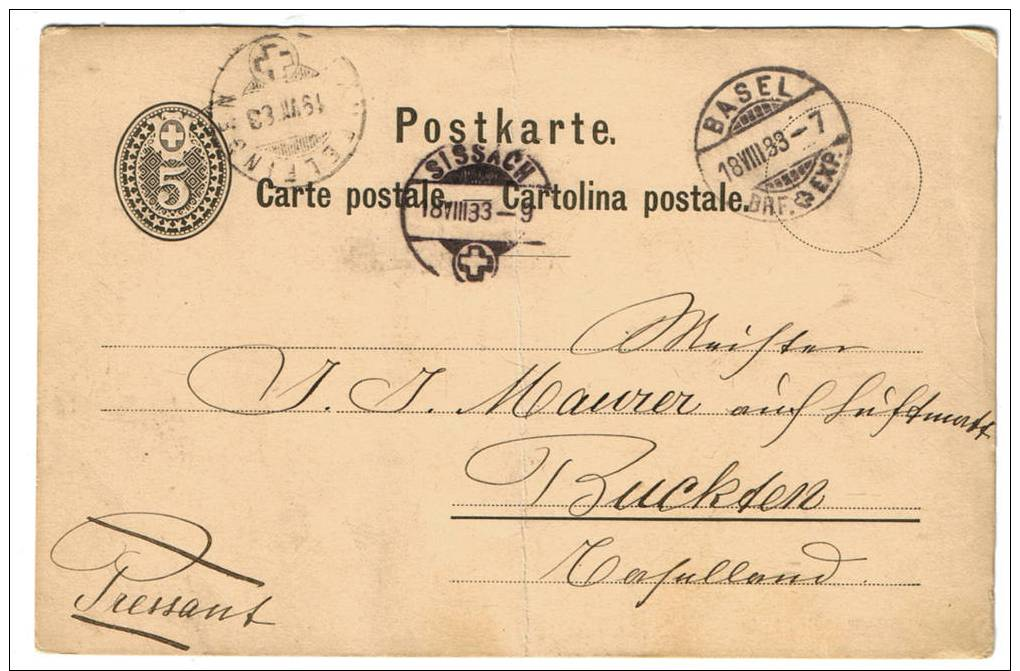 SUISSE 1883. ENTIER CIRCULÉ 5 Rappen CENT SISSACH-BASEL.TRÈS BON ÊTAT.CN30 - Stamped Stationery