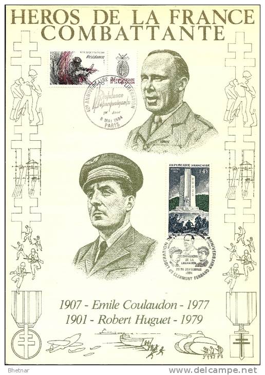 Résistance 37  " Héros De La France Combattante  E. COULAUDON Et R. HUGUET "  Encart Illustré - Guerre Mondiale (Seconde)