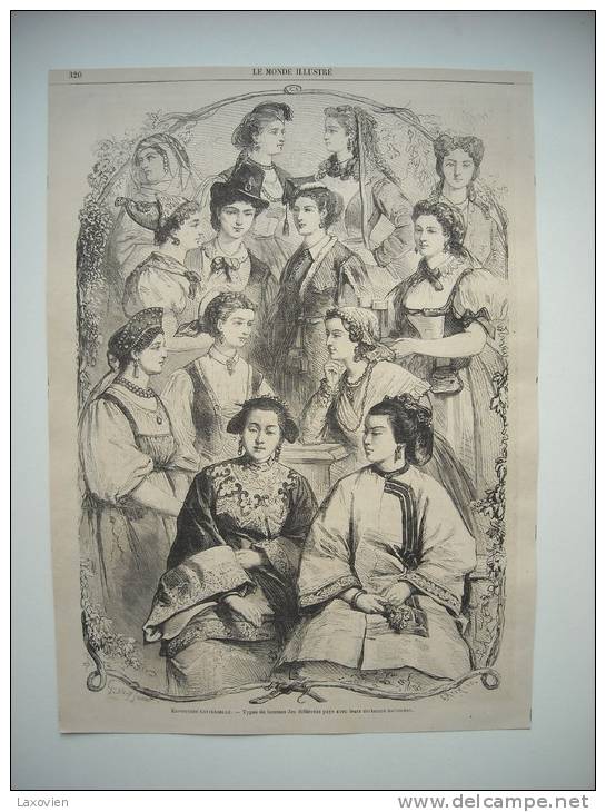 GRAVURE 1867. EXPOSITION UNIVERSELLE. TYPES DE FEMMES DES DIFFERENTS PAYS AVEC LEURS COSTUMES NATIONAUX. - Autres & Non Classés