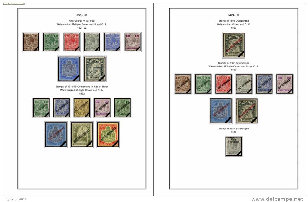 MALTA STAMP ALBUM PAGES 1860-2011 (196 Color Pages) - Inglese