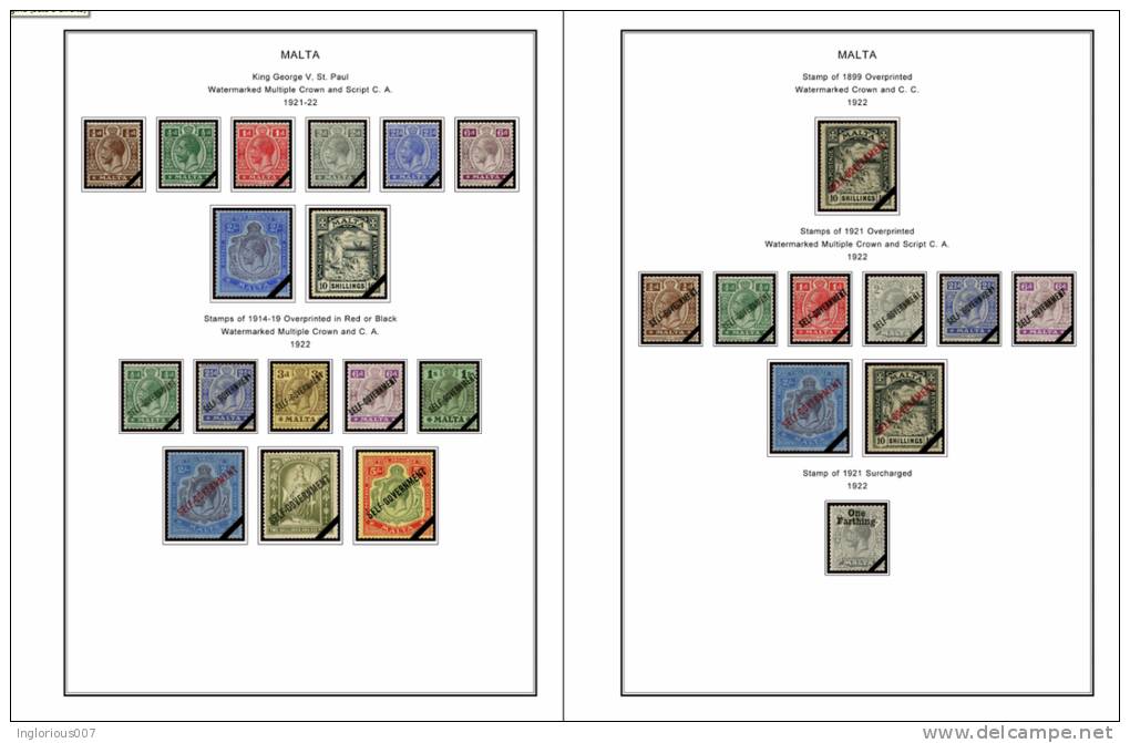 MALTA STAMP ALBUM PAGES 1860-2011 (196 Color Pages) - Anglais