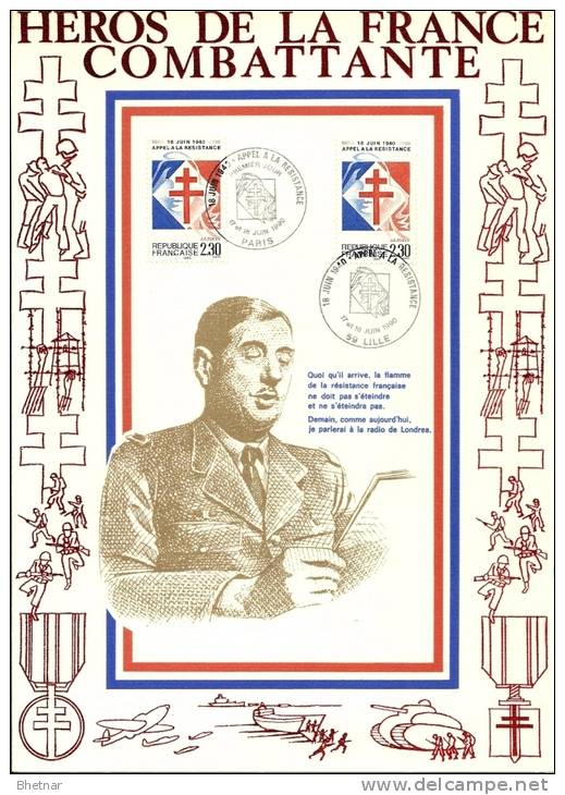 Résistance 59 " Héros De La France Combattante   Charles De Gaulle  "   Encart Illustré - Guerre Mondiale (Seconde)