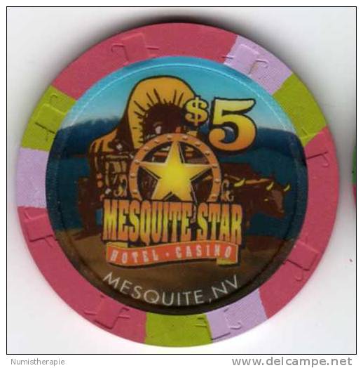 Jeton Chip De Casino à Mesquite Nevada : Mesquite Star $5 (Voiture à Taureaux) - Casino