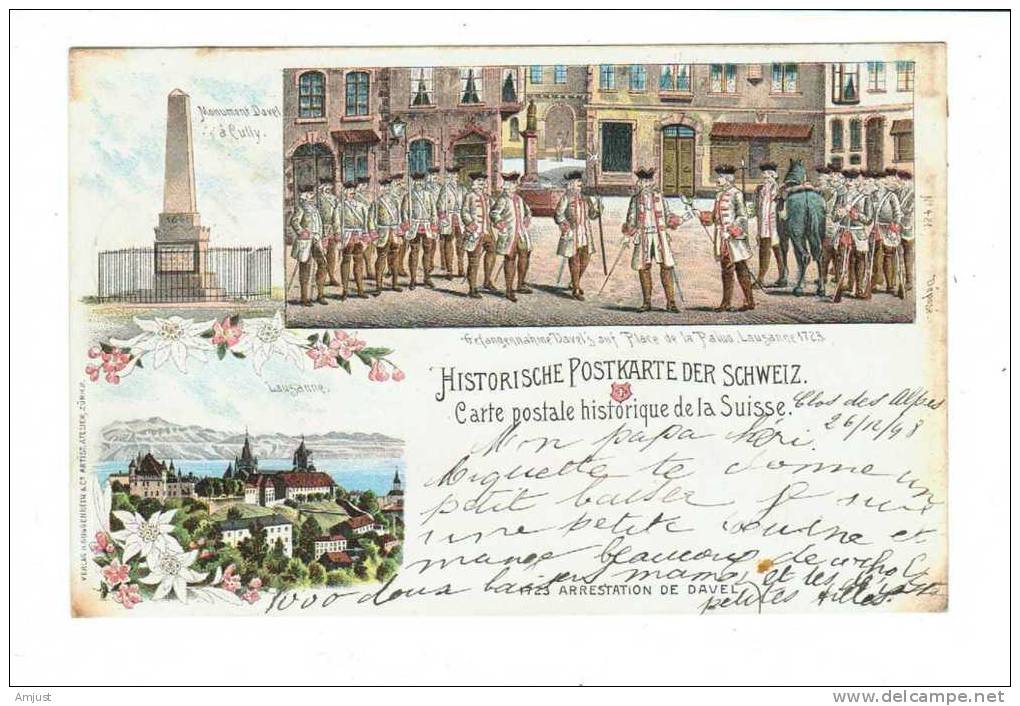 Carte Postale Historique De La Suisse, Arrestation Du Major Davel Et Monument Davel à Cully (litho) - Cully