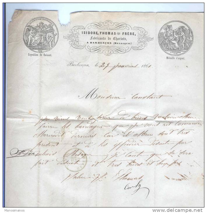 607/18 - Lettre TP Médaillon (touché) BEAUMONT 1861 Vers MARCHIENNE AU PONT - Boite Rurale M Origine BARBENCON - Correo Rural