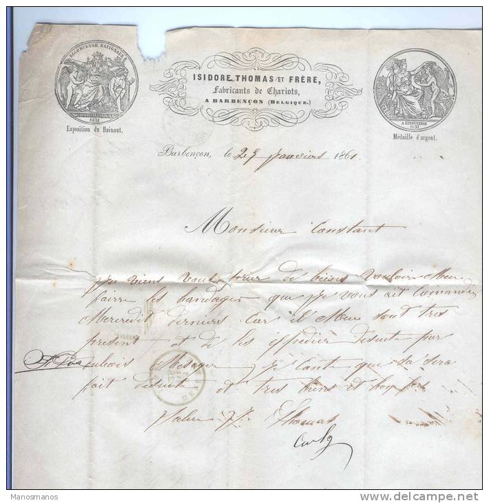607/18 - Lettre TP Médaillon (touché) BEAUMONT 1861 Vers MARCHIENNE AU PONT - Boite Rurale M Origine BARBENCON - Rural Post