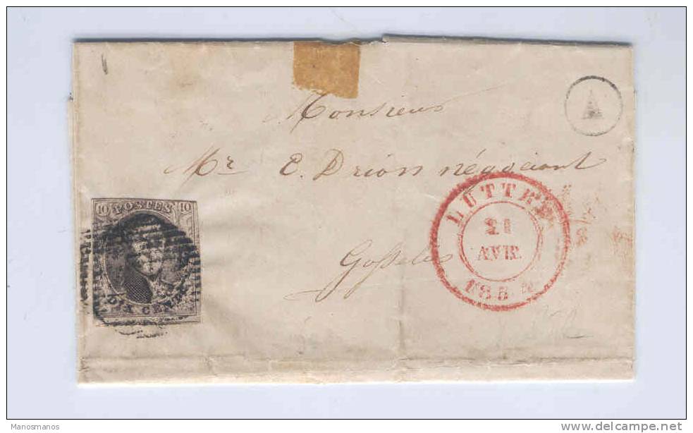 610/18 - Lettre TP Médaillon (touché) LUTTRE 1854 Vers GOSSELIES - Boite Rurale V ( Porignon = REVES) - Landelijks Post