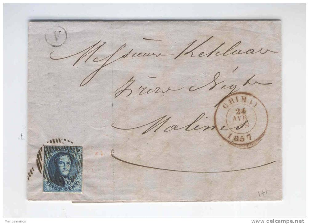 616/18 - Lettre TP Médaillon CHIMAY 1857 Vers MALINES - Boite Rurale V Origine MACQUENOISE - Rural Post