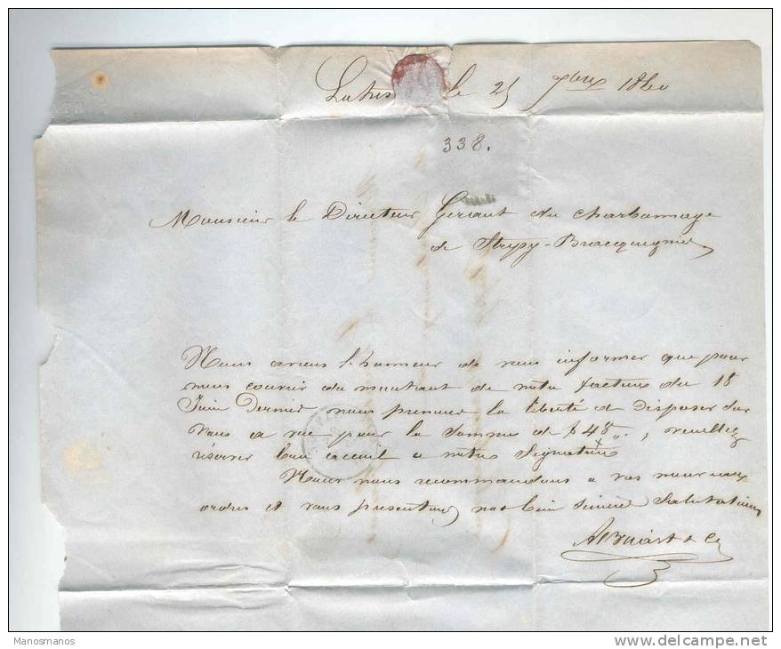 618/18 - Lettre TP Médaillon (touché) MANAGE 1860 Vers BRACQUEGNIES - Boite Rurale V Origine LA HESTRE - Correo Rural