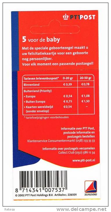 NEDERLAND  CARNET VIJF VOOR DE BABY  2002 ** - Carnets Et Roulettes