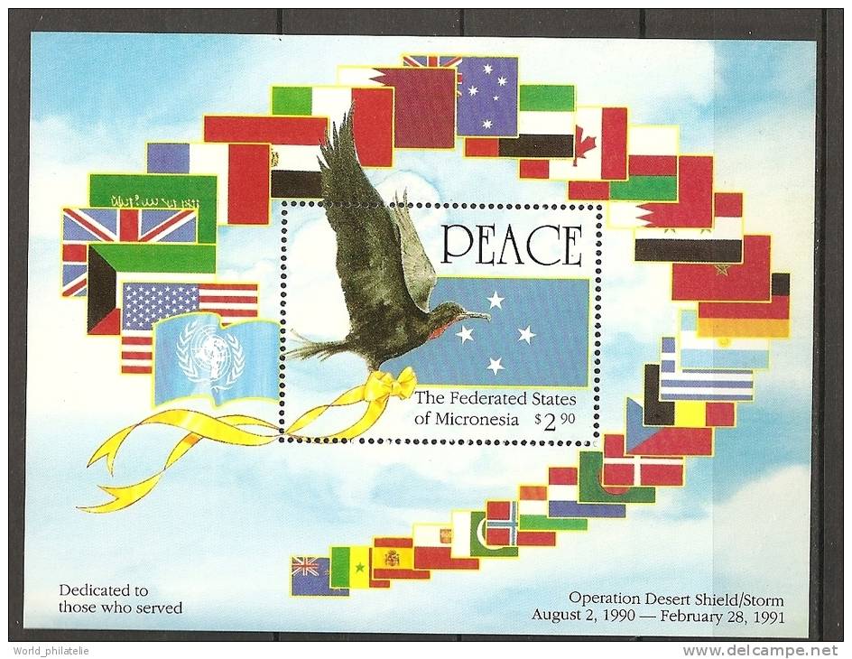Micronesie Micronesia 1991 N° BF 9 ** Guerre Du Golfe, Soldats, Frégate, Paix, Drapeaux, ONU, France, Italie - Micronésie