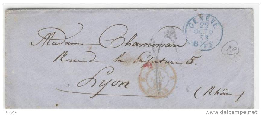 SUISSE De GENEVE LAC  Du 22/10/1853 Taxée 4 Pour Lyon  Transit Vanderlinden N°2643 - ...-1845 Préphilatélie