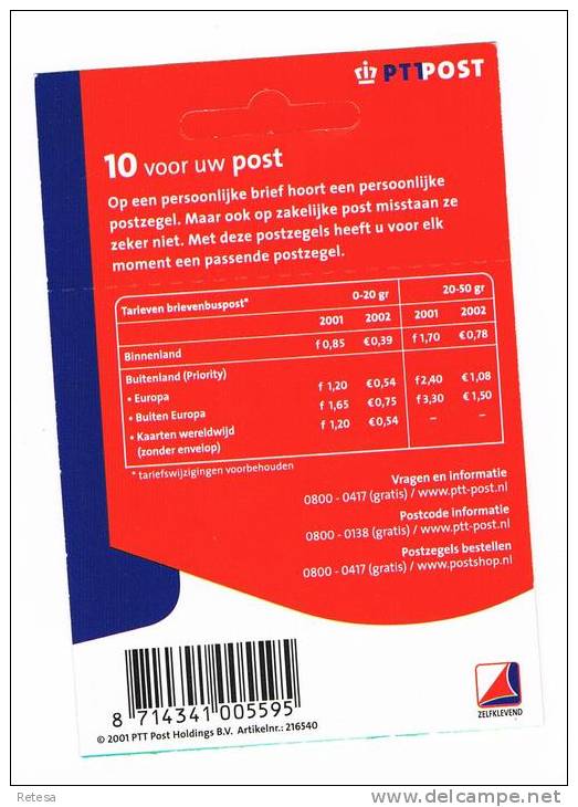 NEDERLAND  BOEKJE  10  VOOR UW POST    2001 ** - Carnets Et Roulettes