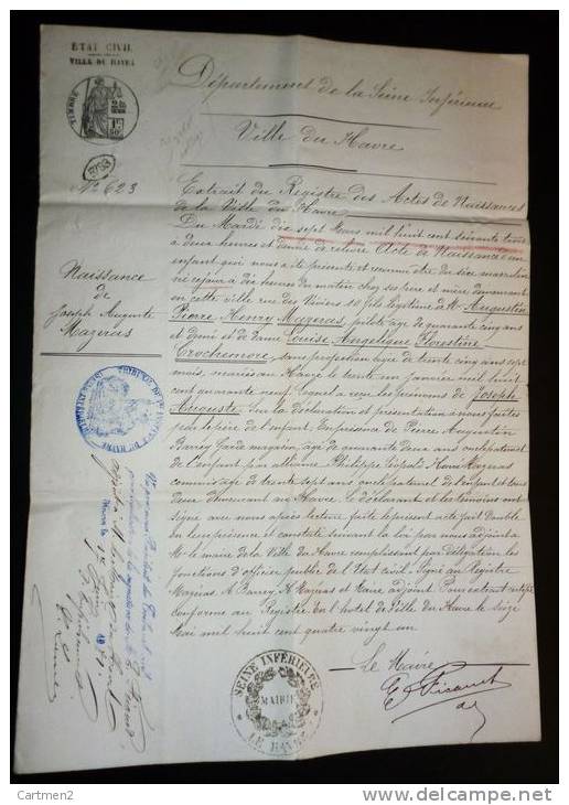 ETAT-CIVIL DU HAVRE 1863 NAISSANCE DE JOSEPH AUGUSTE MAZERAS CACHET SIGANTURE DU MAIRE MANUSCRIT - Non Classés