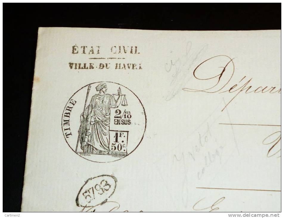 ETAT-CIVIL DU HAVRE 1863 NAISSANCE DE JOSEPH AUGUSTE MAZERAS CACHET SIGANTURE DU MAIRE MANUSCRIT - Sin Clasificación