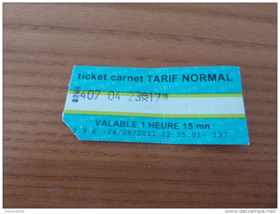 Ticket De Bus BIBUS "ticket Carnet TARIF NORMAL" Edition 2011 BREST(29) - Europe