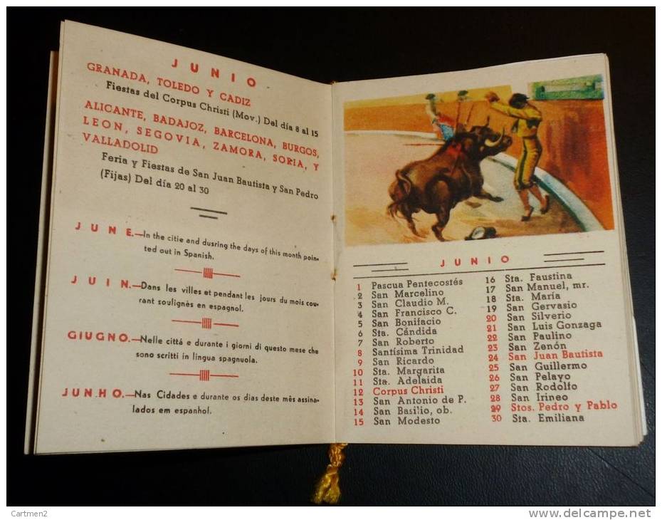 CALNDRIER ALMANAQUE FIESTA BRAVA TAUROMACHIE TORERO ESPANA TAURINA TOROS HOTEL PLAYA ALICANTE - Otros & Sin Clasificación