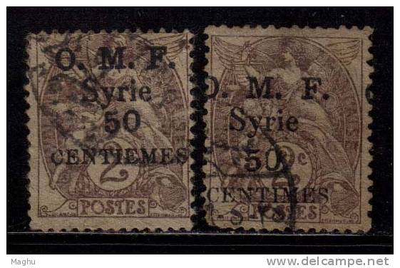 O.M.F.  Opt., Syria Surcharge,  (2 Diff., Opt Position / Shift Variety) , 50c On 2c , Used 1920 - Gebruikt