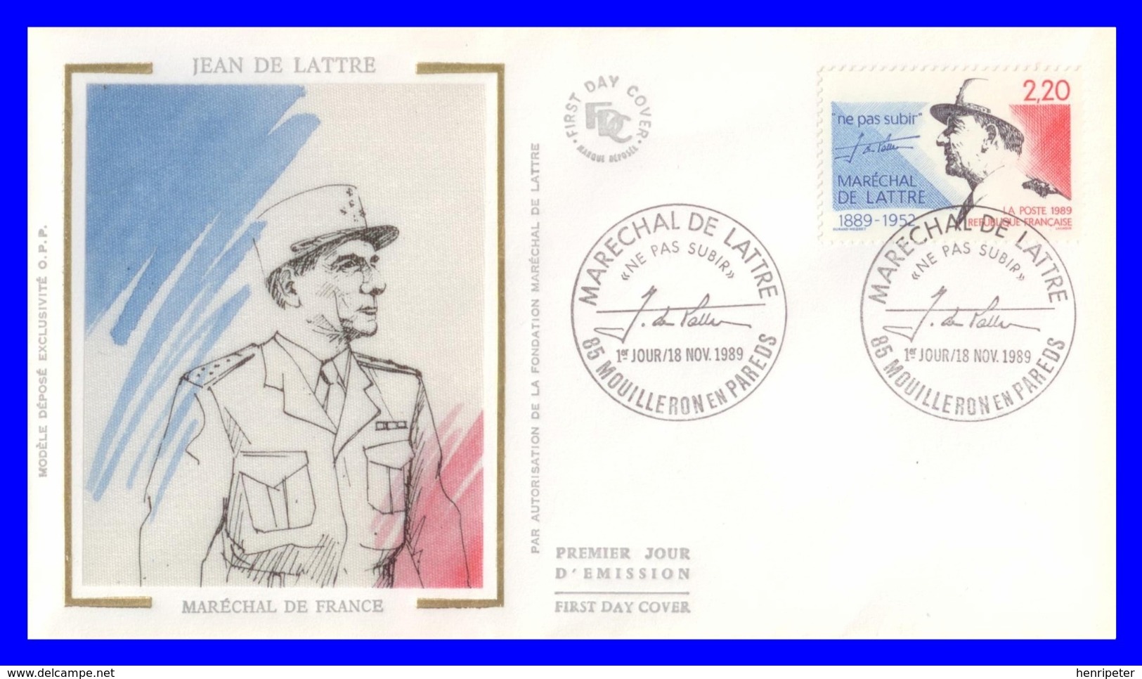 2611 (Yvert) Sur Enveloppe Premier Jour Illustrée Sur Soie Mouilleron - Maréchal De Lattre De Tassigny - France 1989 - 1980-1989