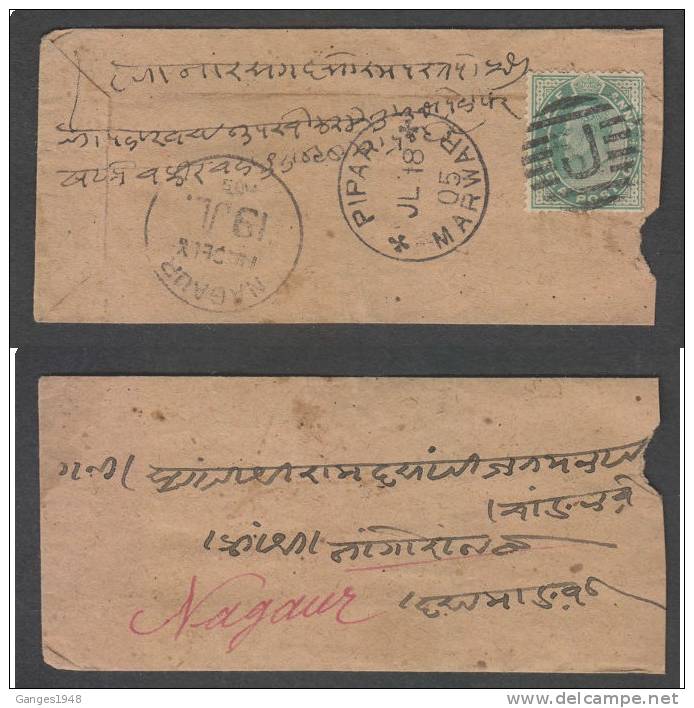 India 1905  KE  1/2A  0n Small Cover Tied  Cooper Type 35 "J" Postmark PIPAR To NAGAUR # 31757 Inde Indien - 1902-11 Koning Edward VII