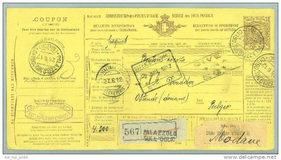 Italien Paketkarte 1912-06-25 Palazolo Nach Osteende Belgien - Colis-postaux