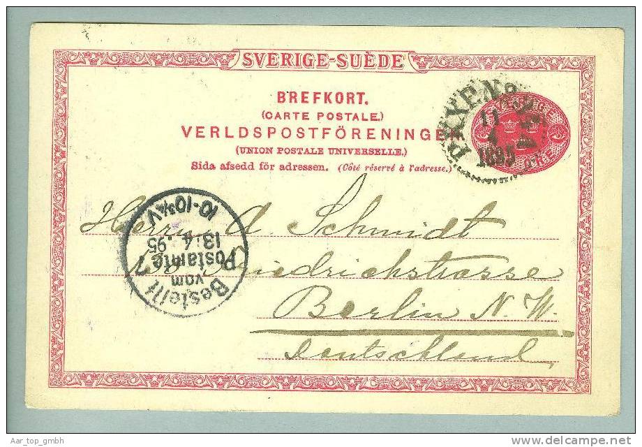 Heimat Schweden Bahnstemepl PKXP.Nr: 34A 1895-04-11 Ganzsache Mit Privatzudruck Nach Berlin - Postal Stationery