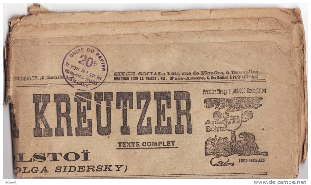 5708# BELGIQUE JOURNAL LA SONATE A KREUTZER De TOLSTOÏ CRISE DU PAPIER 20c LA FEUILLE LITTERAIRE DU FRONT BIBLIOTHEQUE - Journaux [JO]