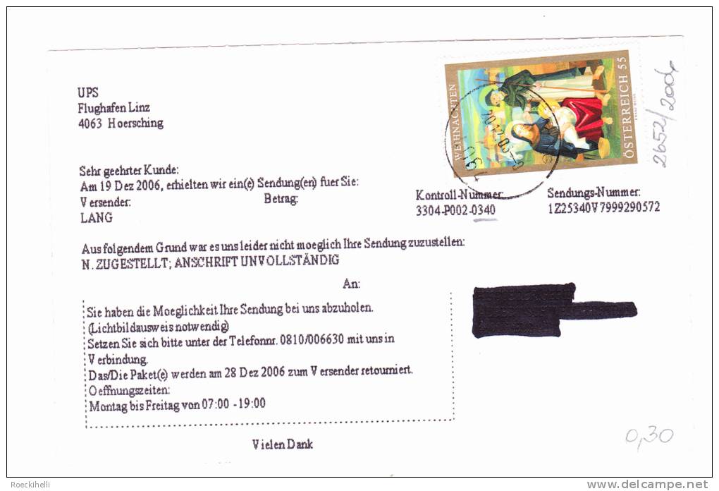 20.12.2006 -  Bedarfsbeleg (-karte) Mit Sondermarke "Weihnachten 2006"  -  Siehe Scan   (2652 2006 0340) - Storia Postale