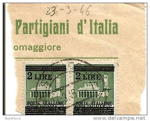 F-LUOGOTENENZA-MONUMENTI SOVRASTAMPATI 2 L- COPPIA SU FRAMMENTO VIAGGIATA 23-3-1946 - Mint/hinged