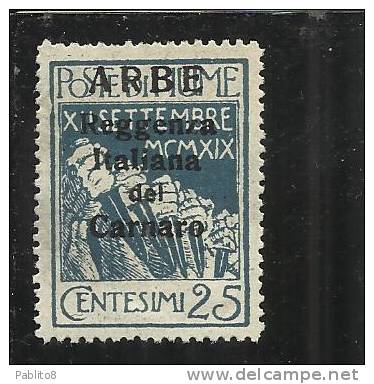 ARBE 1920 REGGENZA ITALIANA DEL CARNARO CENT. 25 MH - Arbe & Veglia