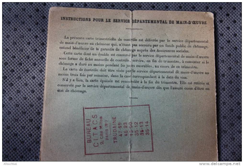 Carte Trimestrielle De Contrôle Des Jours De Chômage 1949 Ministère Du Travail Et De La Sécurité Sociale Paris XVII Prof - Otros & Sin Clasificación