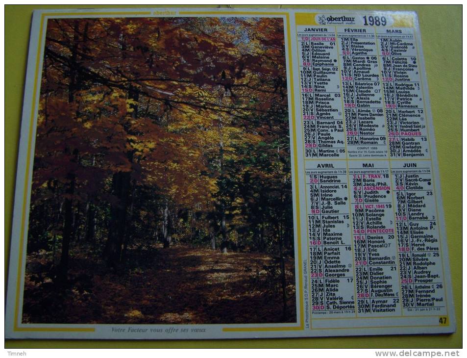 Almanach 1989 Des P.T.T.- CHENONCEAU Forêt En Automne - VOSGES N°88 - OBERTHUR - Small : 1981-90