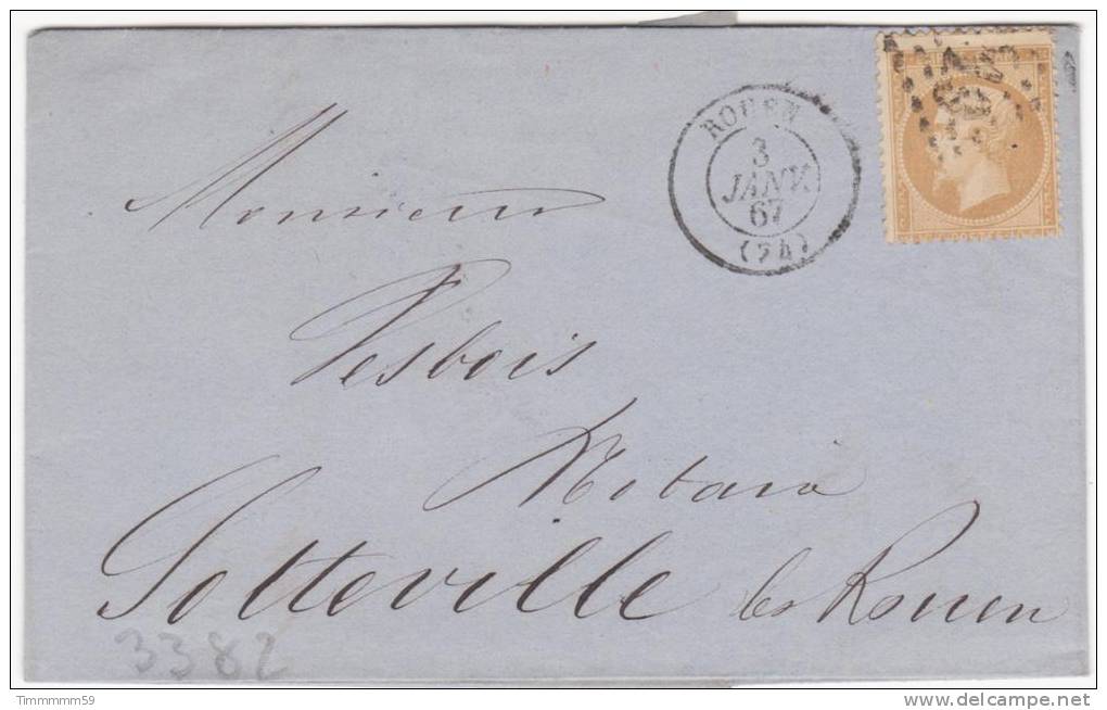 LT3382  N°21/Lettre, Oblit GC 3219 ROUEN(74), Du 3 Janv 1867, Piquage - 1862 Napoleon III