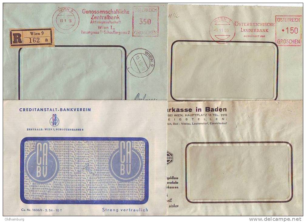 065u: Vier Freistempler/ Postgebühr Bar Bezahlt Banken (Österreich) - Varietà & Curiosità