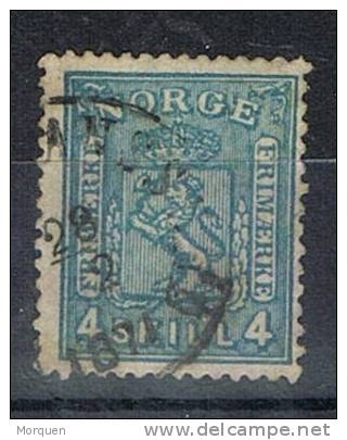 Sello NORUEGA  4 Sk. Azul 1867, Yvert Num 14 º - Gebruikt