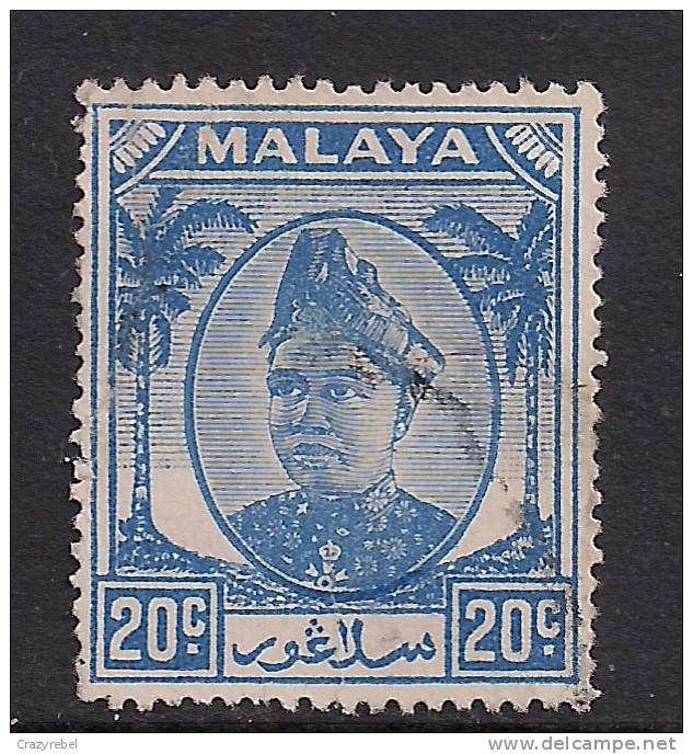 Selangor Malaya 1952 KGV1 20ct  Bright Blue Hisamud Din Alam Shah Used SG 102 ( H550 ) - Selangor