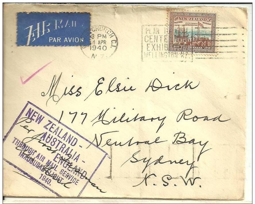 NEW ZEALAND - 1940 NEW ZEALAND-AUSTRALIA-ENGLAND THROUGH AIRMAIL SERVICE INAUGURAL FLIGHT 1940 COVER - Other & Unclassified