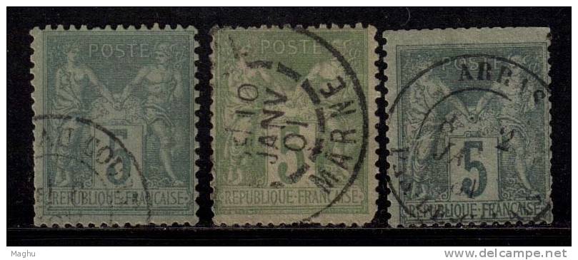 France Used 1876  Peace & Commerce Series, 5c X  3 Diff., Colour Shades,  As Scan - 1876-1878 Sage (Type I)