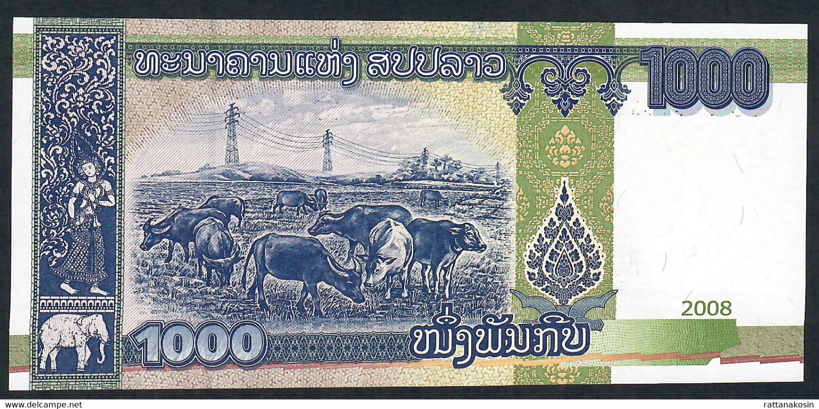 LAOS P39az  1000 KIP  2008  # DD000----  And Low Number REPLACEMENT  UNC. - Laos