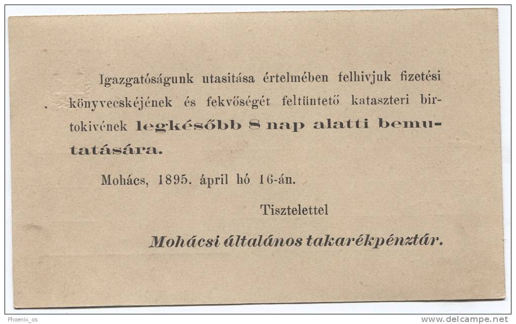 HUNGARY - MOHACS, Postal Card, 1895. - Oblitérés