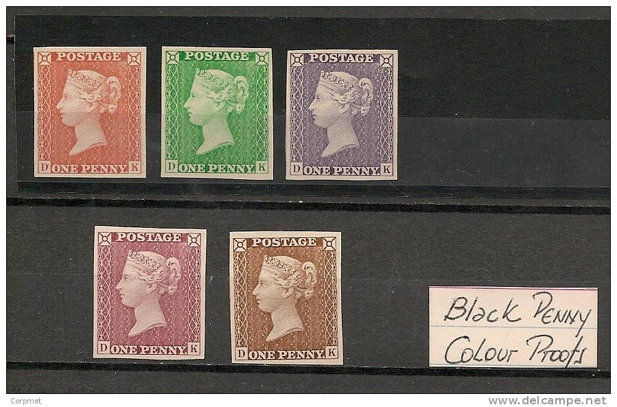 PENNY BLACK - 5 Reprints From 1940 Stamp Exhibition In London - Different COLOR - All Lettering DK - Ensayos, Pruebas & Reimpresiones