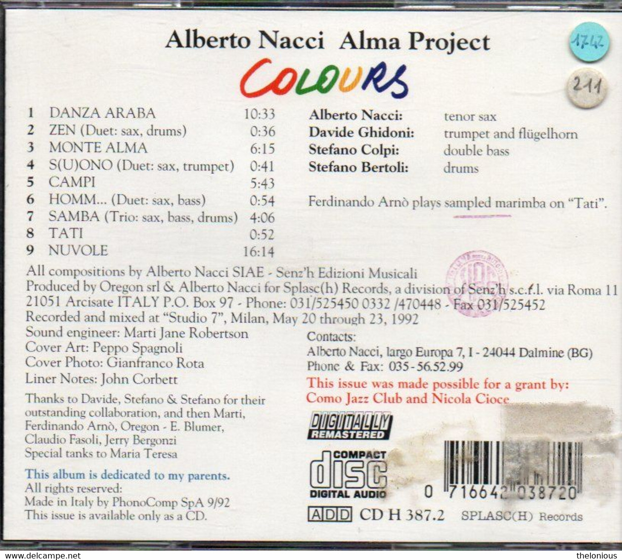 # CD: Alberto Nacci Alma Project – Colours - Splasc(h) Records CD H 387.2 - Jazz
