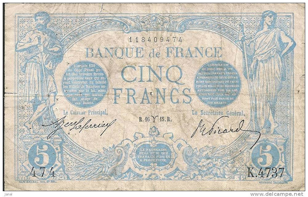 - FRANCE - BILLETS - 5 F BLEU - MARS 1915 - N° 474 - K . 4737 - 5 F 1912-1917 ''Bleu''