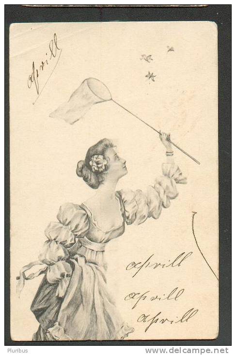 YOUNG WOMAN CATCHING BUTTERFLIES,  OLD POSTCARD - Insekten