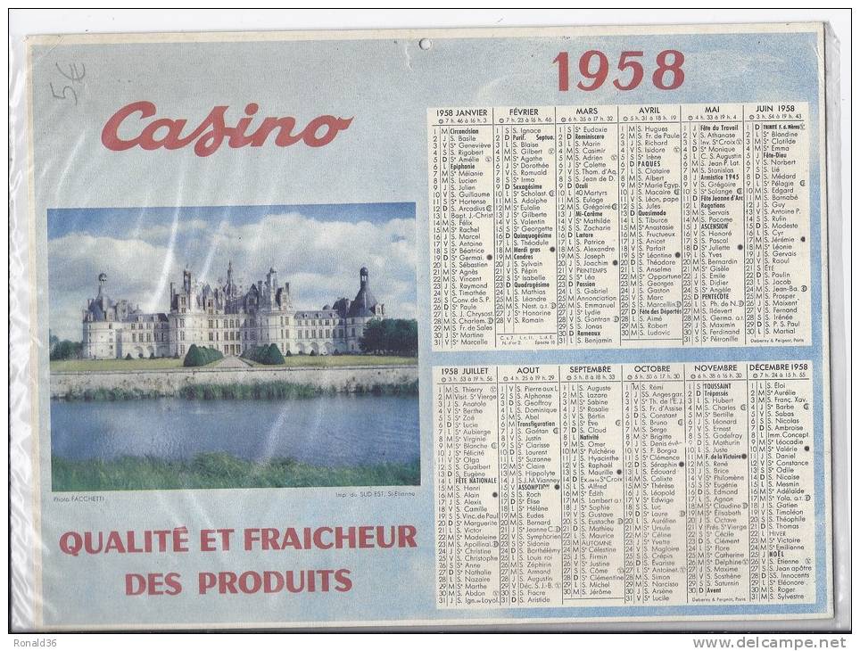 Calendrier 1958 Magasin Casino ( Qualité Et Francheur Des Produits  )  épicerie ( Chateau De Chambord 41 Loir Et Cher ) - Grand Format : 1941-60