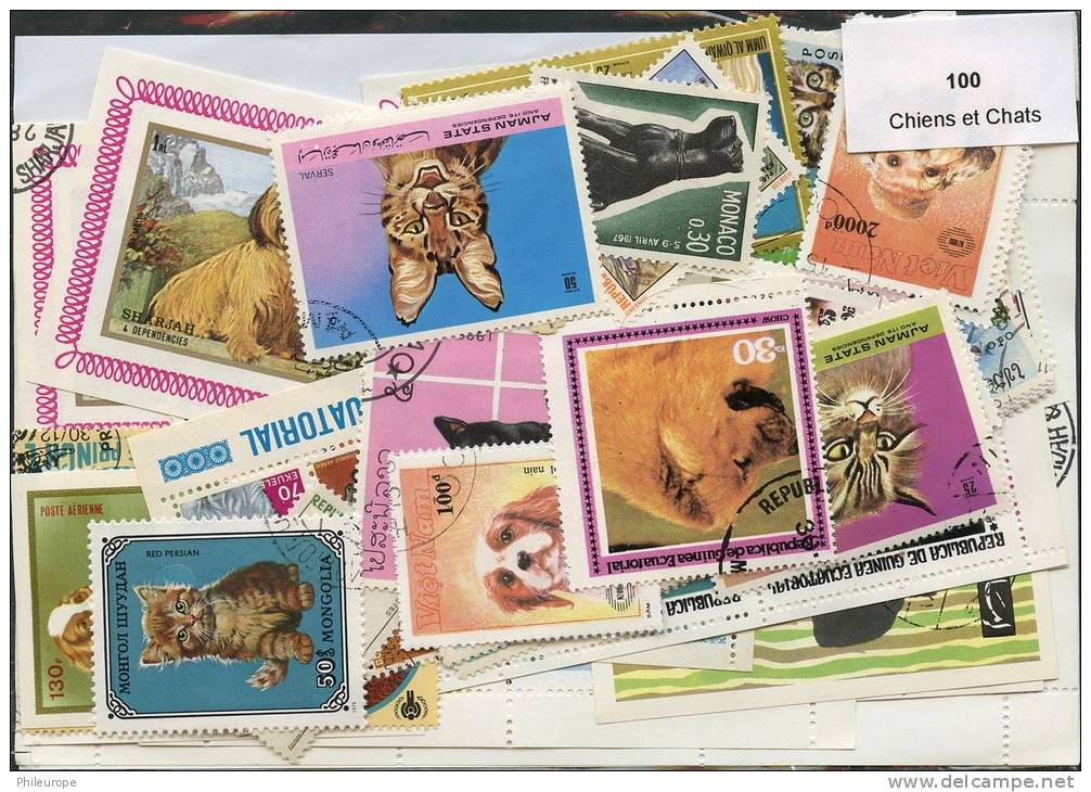 Lot 100 Timbres Chiens Et Chats - Vrac (max 999 Timbres)