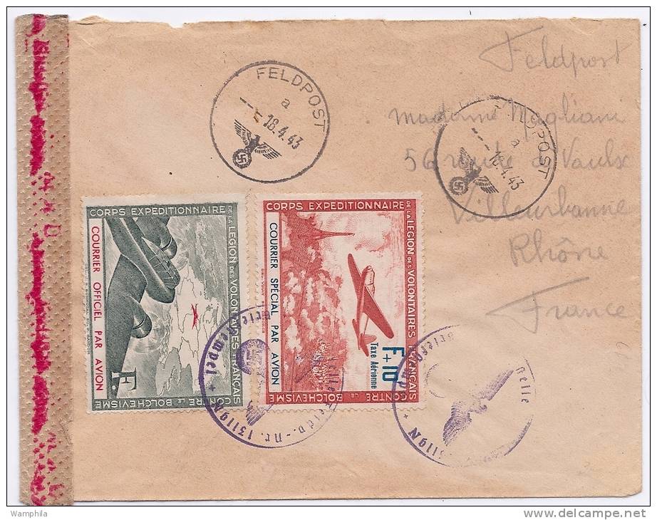 L.V.F. YT N° 2 & 3 Sur Lettre Censurée Avec Cachet Feldpost Du 18 4 1943 - Francobolli Di Guerra