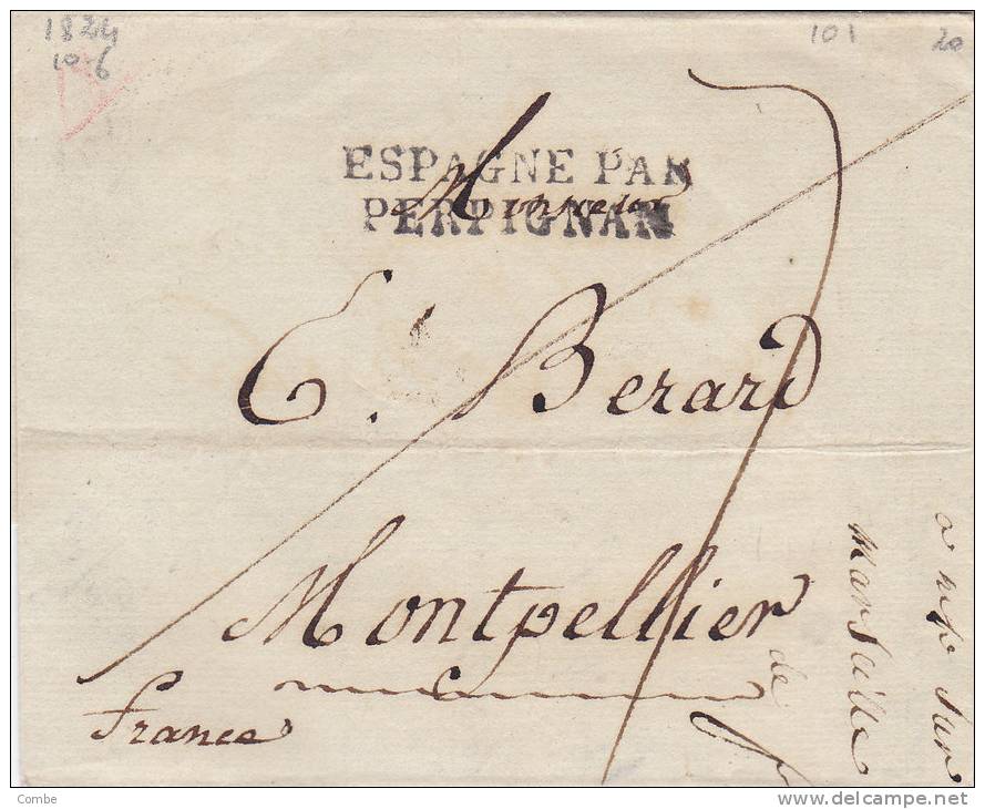 Cachet D´Entrée En France,1824, ESPAGNE PAR PERPIGNAN, BARCELONA, Taxe 7 /5 - 1801-1848: Vorläufer XIX