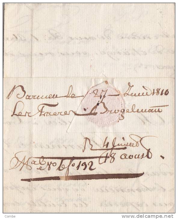 Cachet D´Entrée En France,1810, ALLEMAGNE PAR COLOGNE, BARMEN, Taxe 13 /6 - 1801-1848: Vorläufer XIX